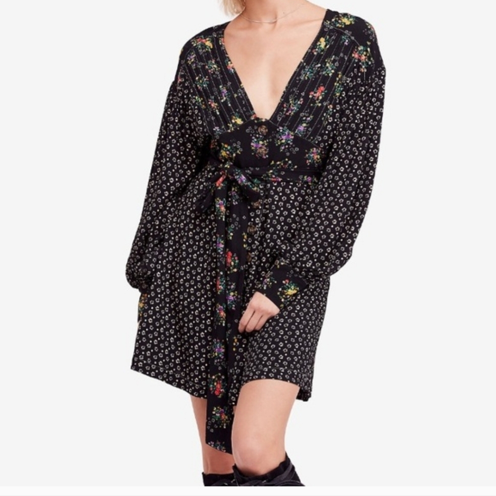 Free People Black Wonderland Floral Combo Midi Dress Sz L